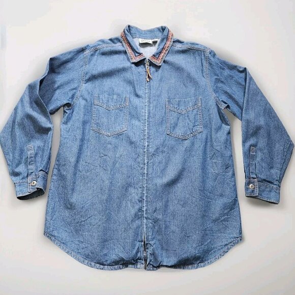 Chico's Design Shirt Womens 2 / L Denim Zip Embellished Embroidery LS Cotton VTG - Picture 9 of 16